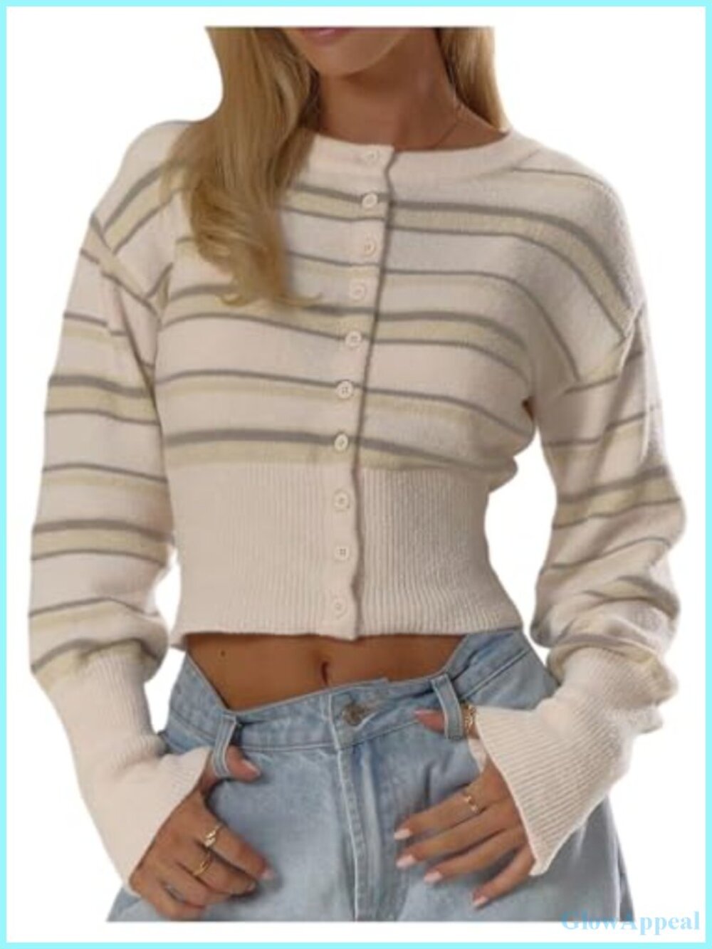 Striped Cropped Cardigan Sweater Button Up Crew Neck Long Sleeve Knit